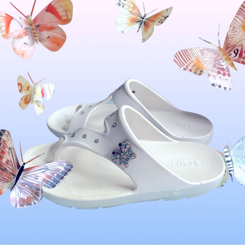 Tenzi 8 Fits 8.5-9 Comfort Sandal with Crystal studded butterfly adornment.
